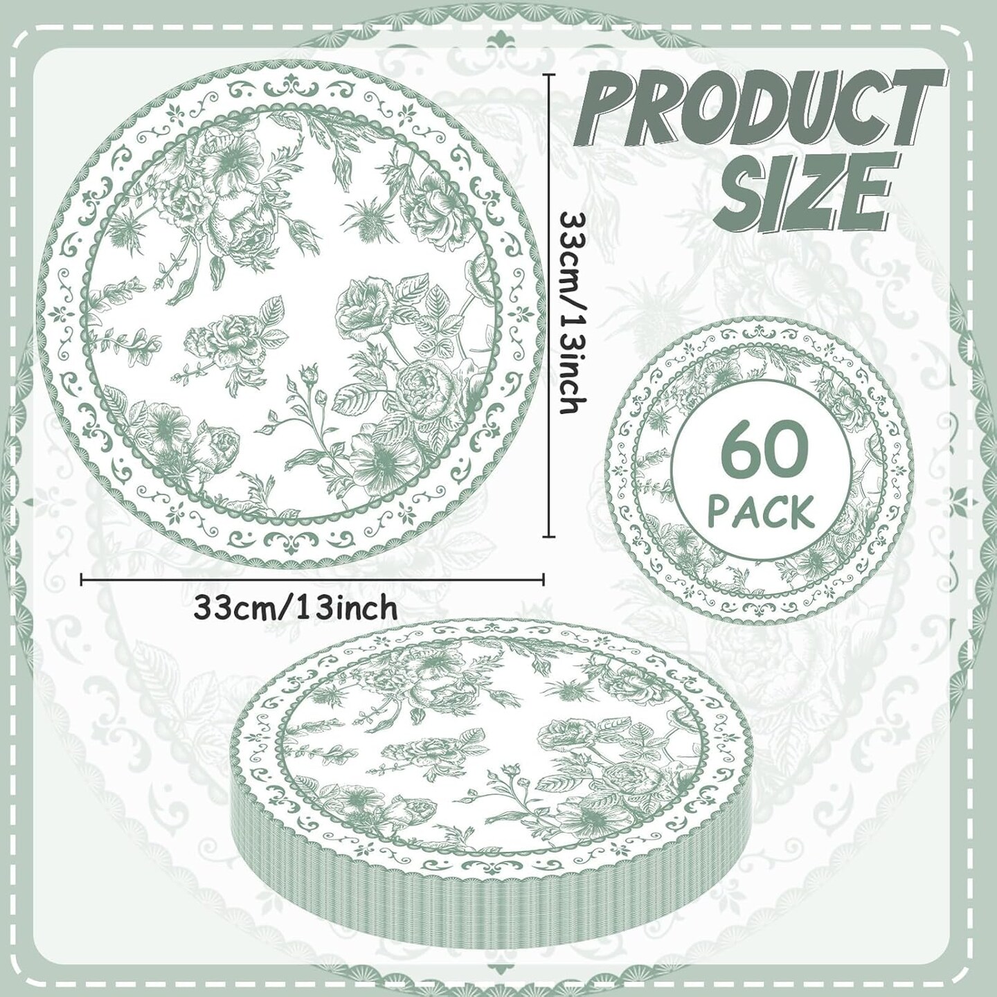 60PCS Sage Green Floral Paper Place Mats Disposable Vintage Green Flower Placemats Chinoiserie Round Table Mat Spring Setting for Bridal Tea Wedding Birthday Party Supplies Dining Table Decor