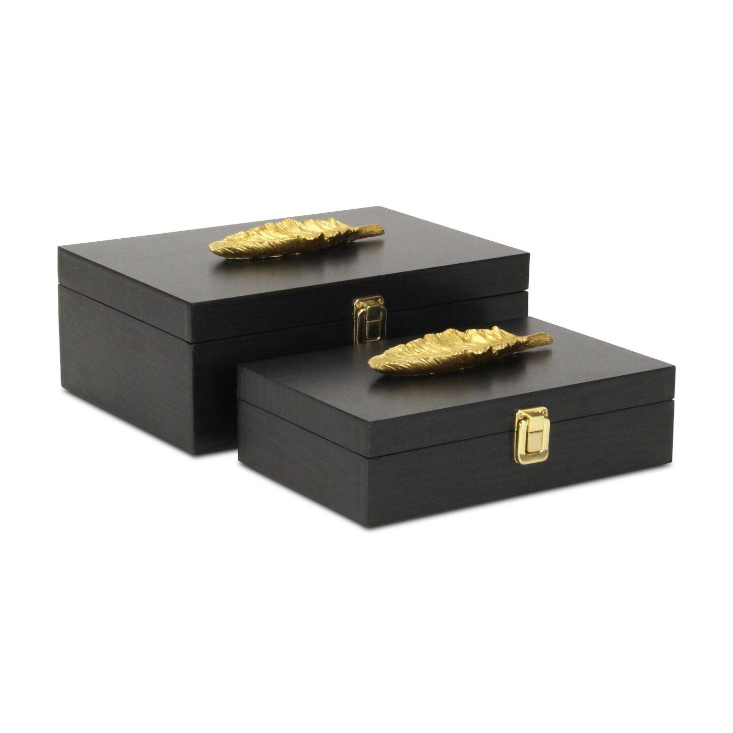 Contemporary Home Living Rectangular Handmade Storage Boxes with Feather - 11.75&#x22; - Black and Gold - Set of 2