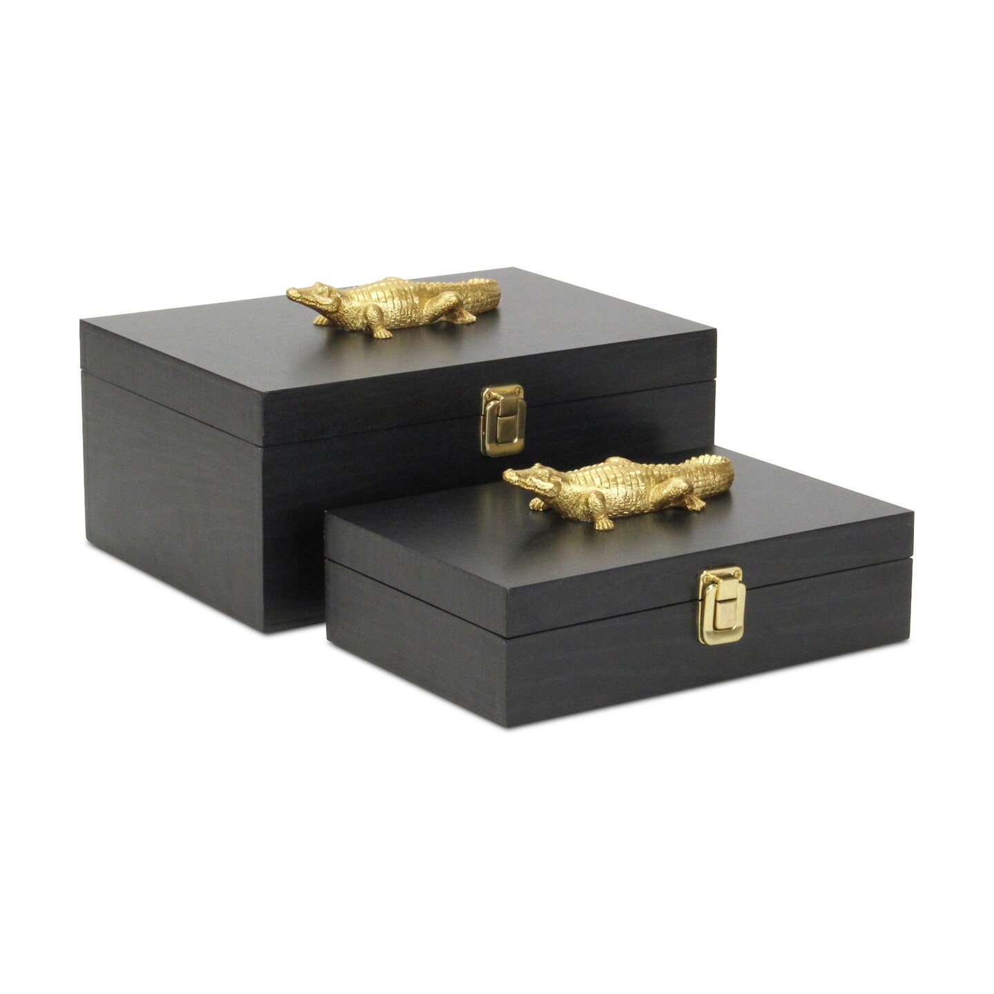 Contemporary Home Living Rectangular Storage Boxes with Alligator - 11.75&#x22; - Black and Gold - Set of 2