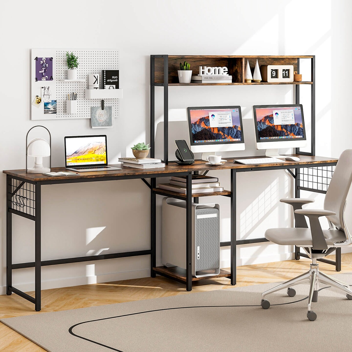 Costway L-shaped Desk with Power Outlet Large Corner Desk Converts to 2-Person Long Desk Rustic Brown/Black
