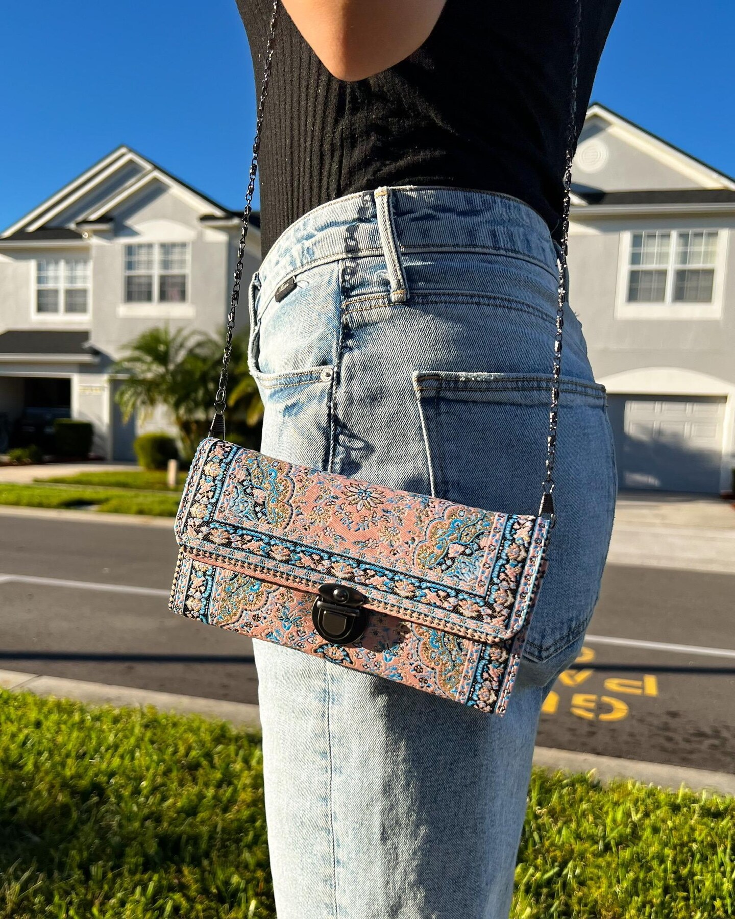 Pastel small crossbody top purse upcycled canvas rug/MNT