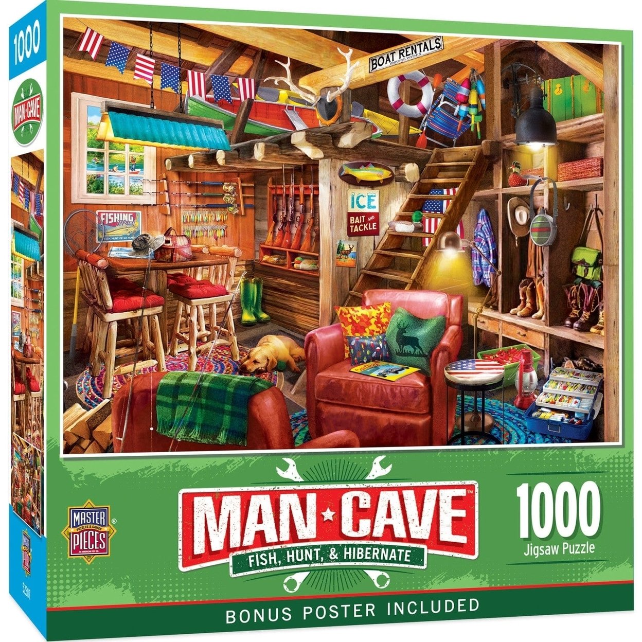 Man Cave Jigsaw Puzzle 1000 Pieces Fishing Hunting Theme Relaxation Decor
