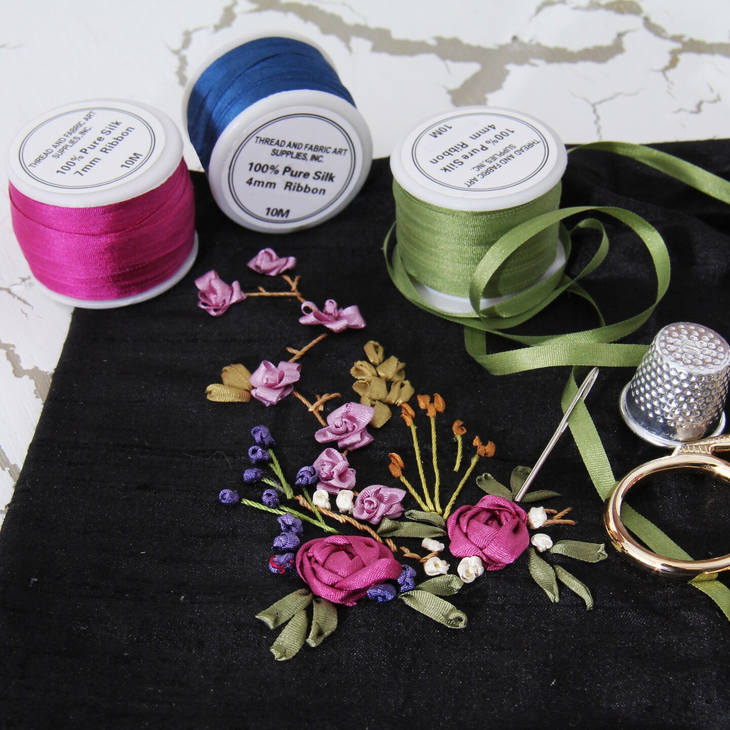 Threadart 100% Pure Silk Ribbon - 3 Widths 2MM, 4MM, 7MM - 50 Colors Available