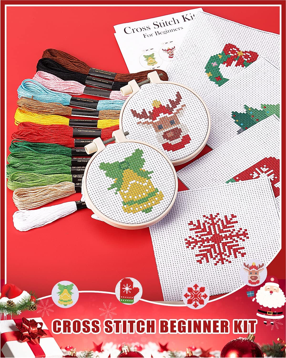 Christmas Cross Stitch Beginner Kits for Kids 7-13, Includes 6pcs Project Cross Stitch Pattern and 2pcs Hoops