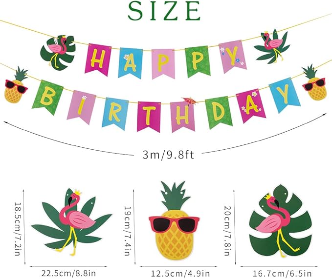 Tropical Happy Birthday Banner Colorful Hawaiian Luau Birthday Banner Flamingo Pineapple Palm Leaf Banner for Summer Birthday Party Decorations Supplies | Pre-Strung
