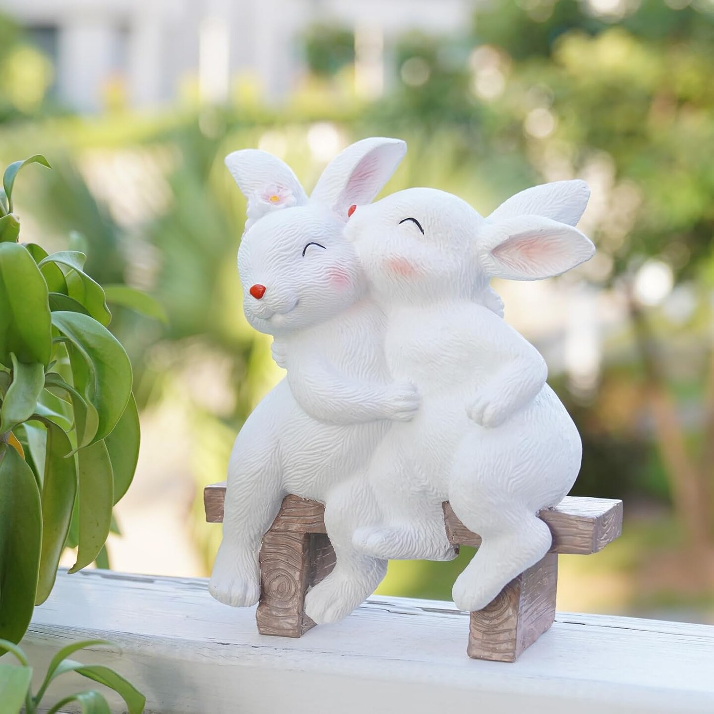 Easter Rabbit Decor Outdoor Garden Decor - Easter D&#xE9;cor Garden Sculptures Statues Rabbit Bunny Figurines Home D&#xE9;cor Resin Bunny Couple Sitting on Bench Garden Sculptures 6.75*3.25*8 inch LC Lcdecohome