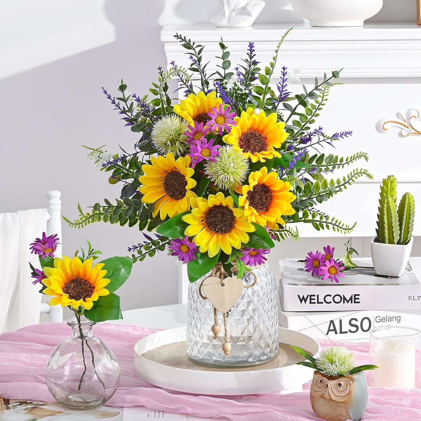 Spring Tabletop Decor – Artificial Sunflowers in Vase, Faux Silk Flower Bouquet Centerpiece for Dining Table, Coffee Table & Home Decoration