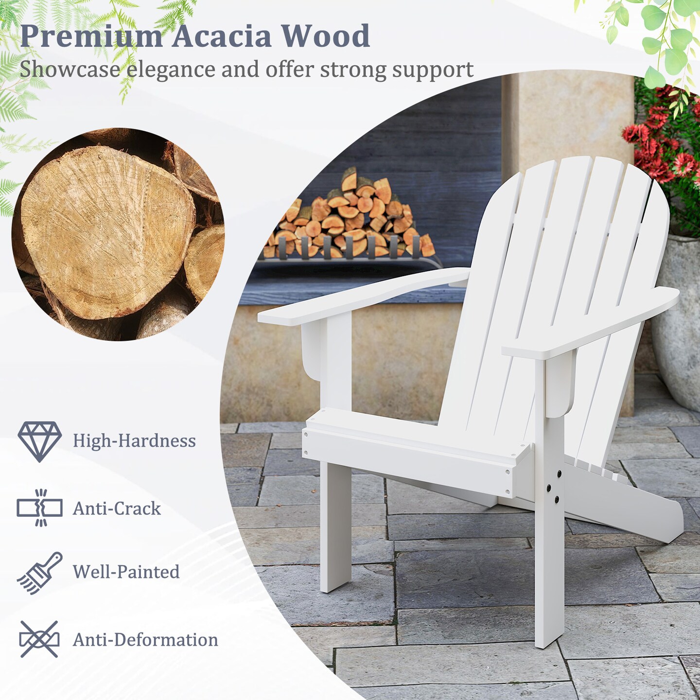 Acacia Wood Lounge Patio Adirondack Chair with Slatted Seat and High Inclined Backrest
