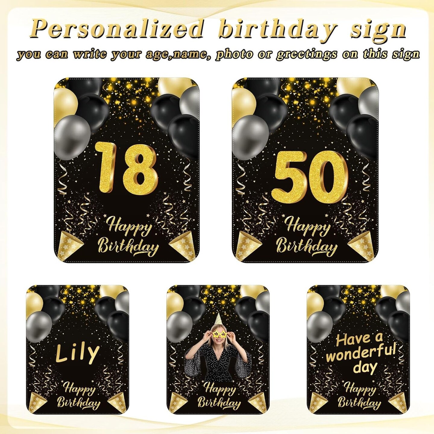 18 Pcs Happy Birthday Yard Signs with Stakes 2 x 5 M LED Lights Personalized Age Name Sign with 20 Number Stickers 14 Inch for Yard Lawn Garden Outdoor Decoration Party Supplies (Black Gold)