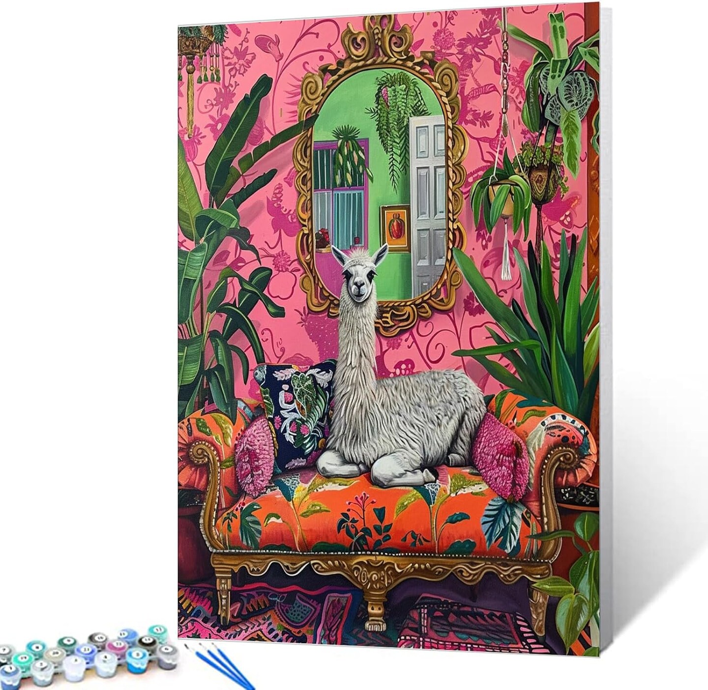Llama Paint by Numbers Kit for Kids – Tropical Green Leaves Boho Canvas Painting Set with Brushes & Acrylic Paints, No Frame, 16" x 20"