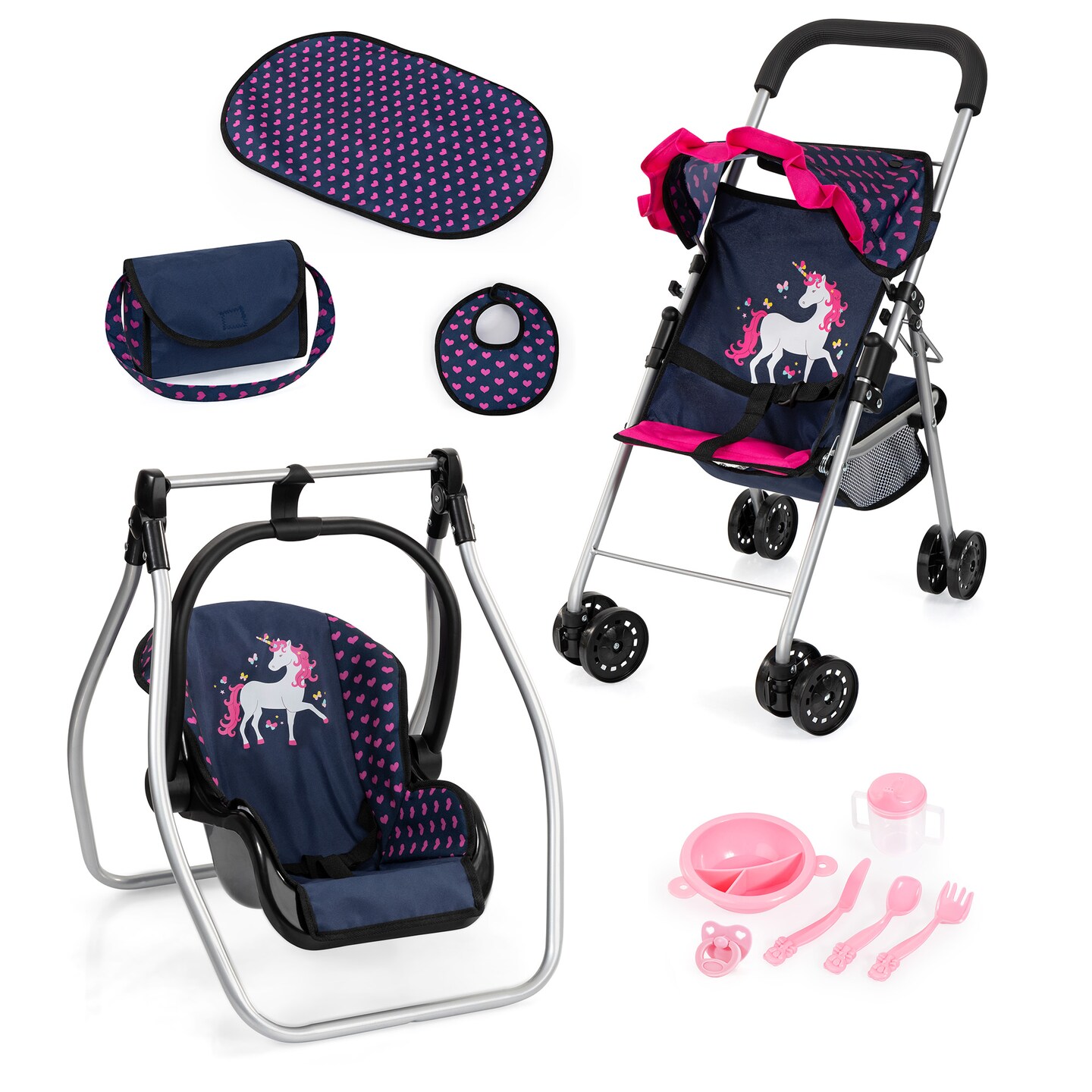 Bayer Design Dolls 11 Piece Stroller Set Navy Pink Hearts Unicorn Swing Bag Changing Mat Feeding Accessories For Dolls Kids Toy Ages 3