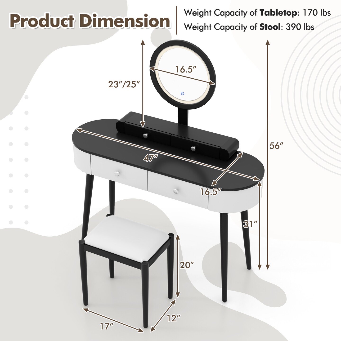 LED Lighted Vanity Table Set with Adjustable Mirror &#x26; Cushioned Stool