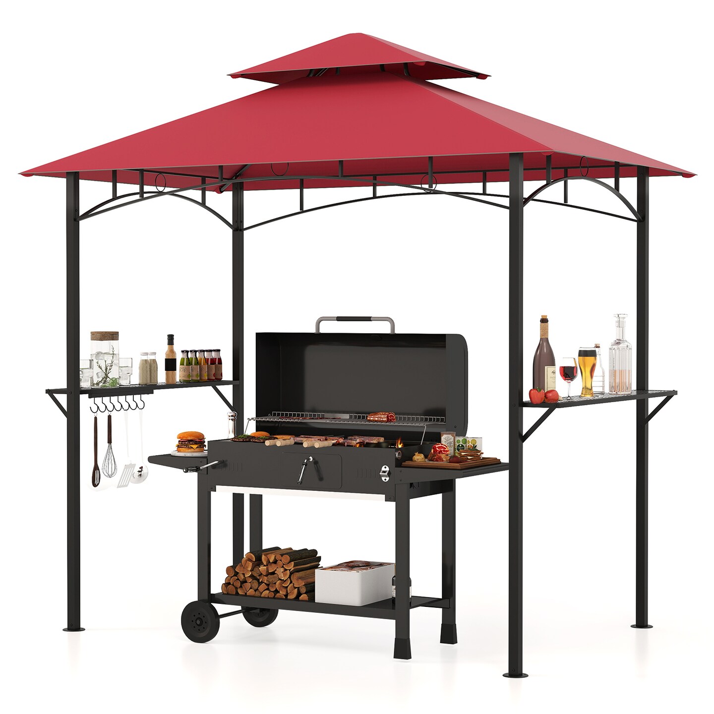 Multi-functional Outdoor Double-Tiered Grill Gazebo Canopy with 2 Side Shelves and 7 Hooks