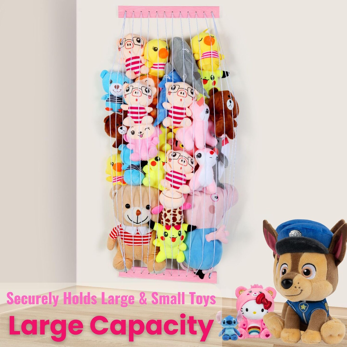 Stuffed Animal Storage Wooden Soft Toy Storage for Kids Room&#xFF0C;Wall Mount Door Hanging Stuffed Animal Toy Organizer Shelf for Nursery Play Room Pink -Patent