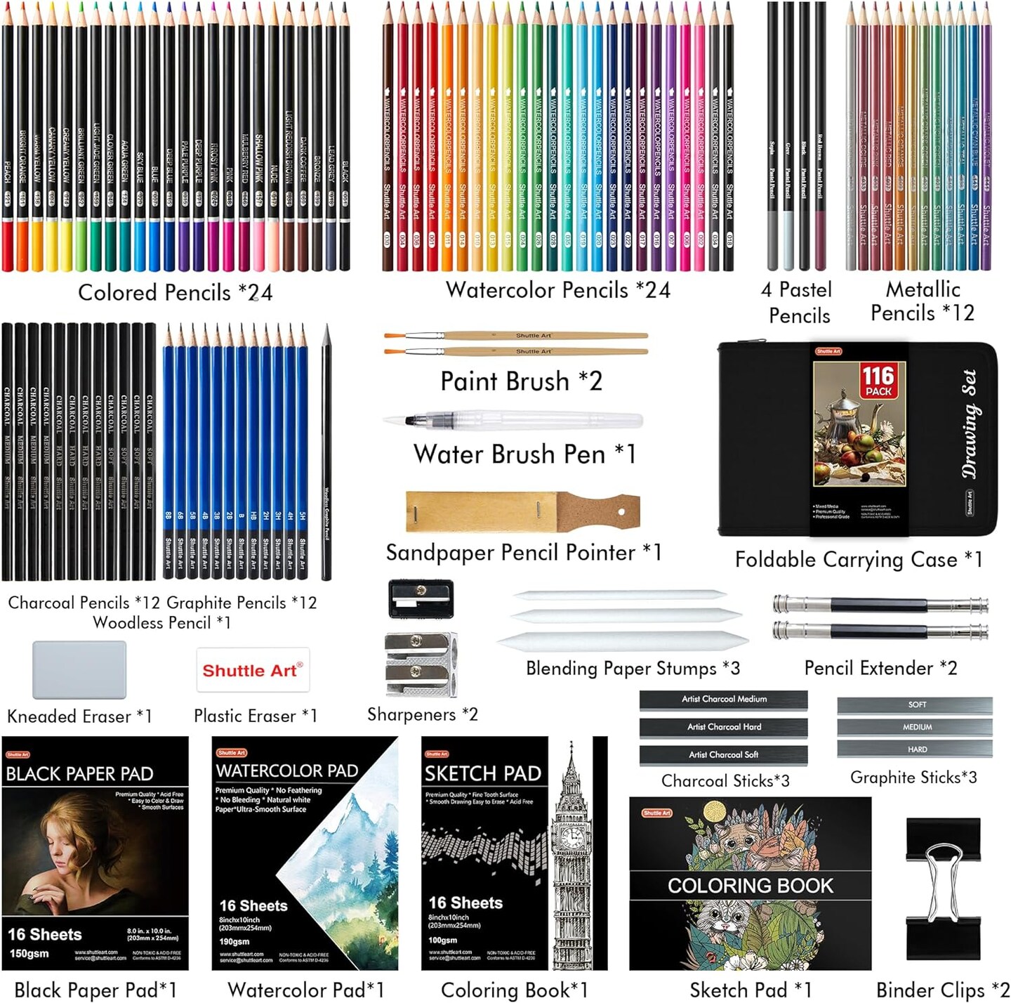 Art 116 PCS Drawing Kit, Complete Drawing Supplies with Sketch Pencils, Colored Pencils, Graphite, Charcoal Sticks, Professional Drawing Tools, and Paper Pads for Artists, Beginners, and Children