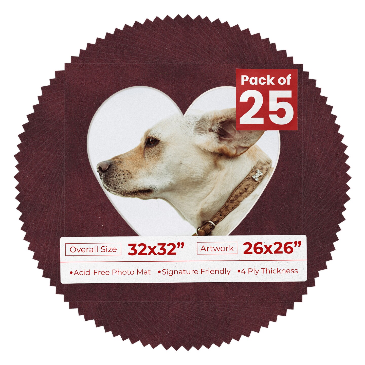 Dark Red Suede Mat Board for 32x32 Frames - Heart Opening for 26x26 Photos