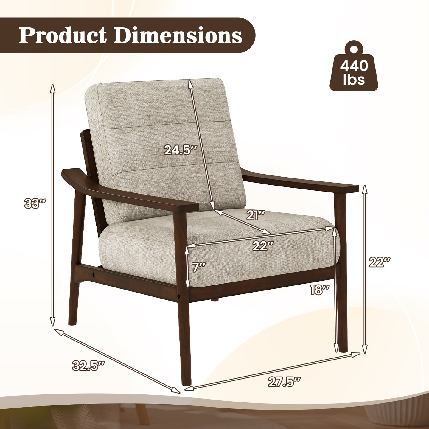 Living Room Modern Accent Chair with Padded Cushion and Rubber Wood Frame