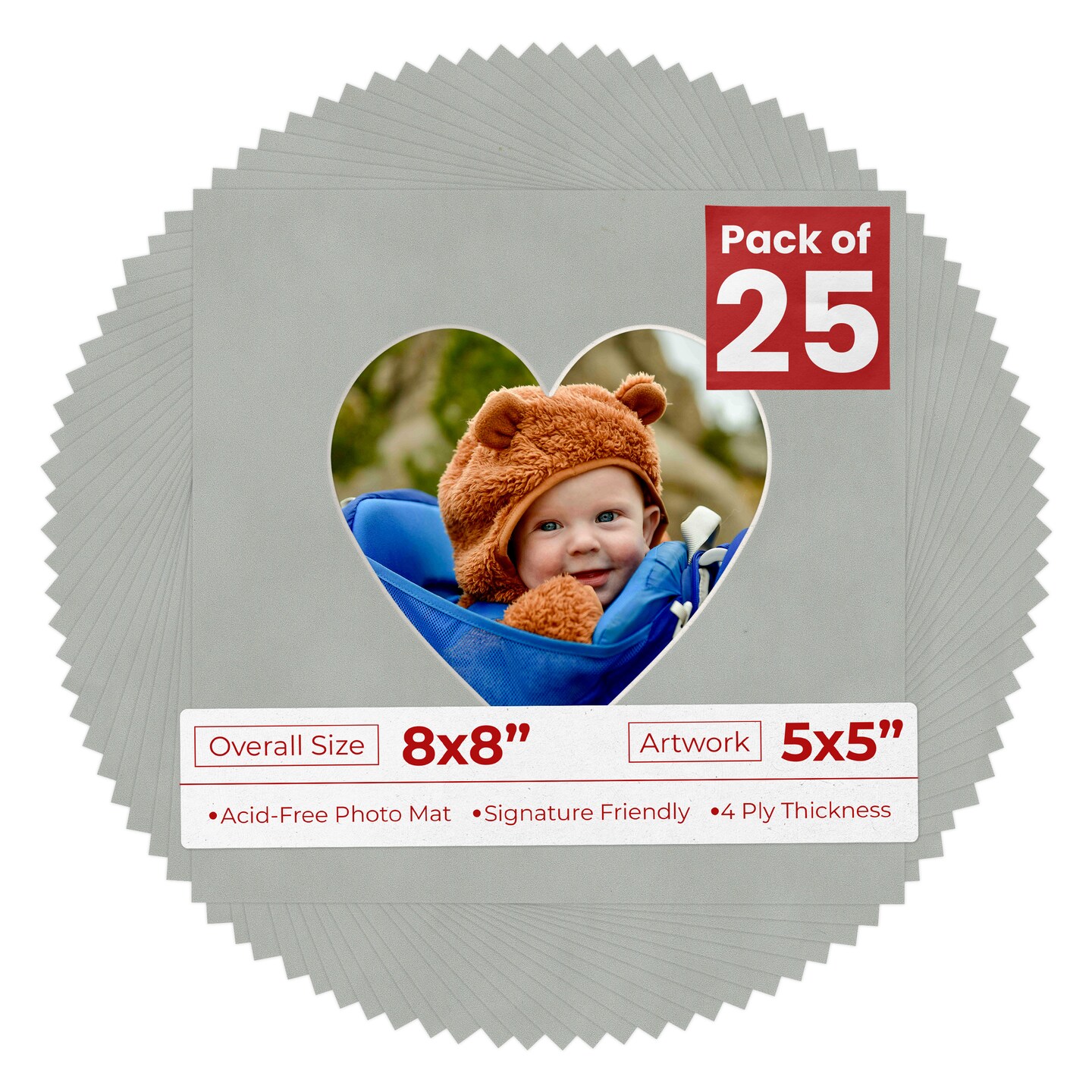 Light Grey Suede Mat Board for 8x8 Frames - Heart Opening for 5x5 Photos