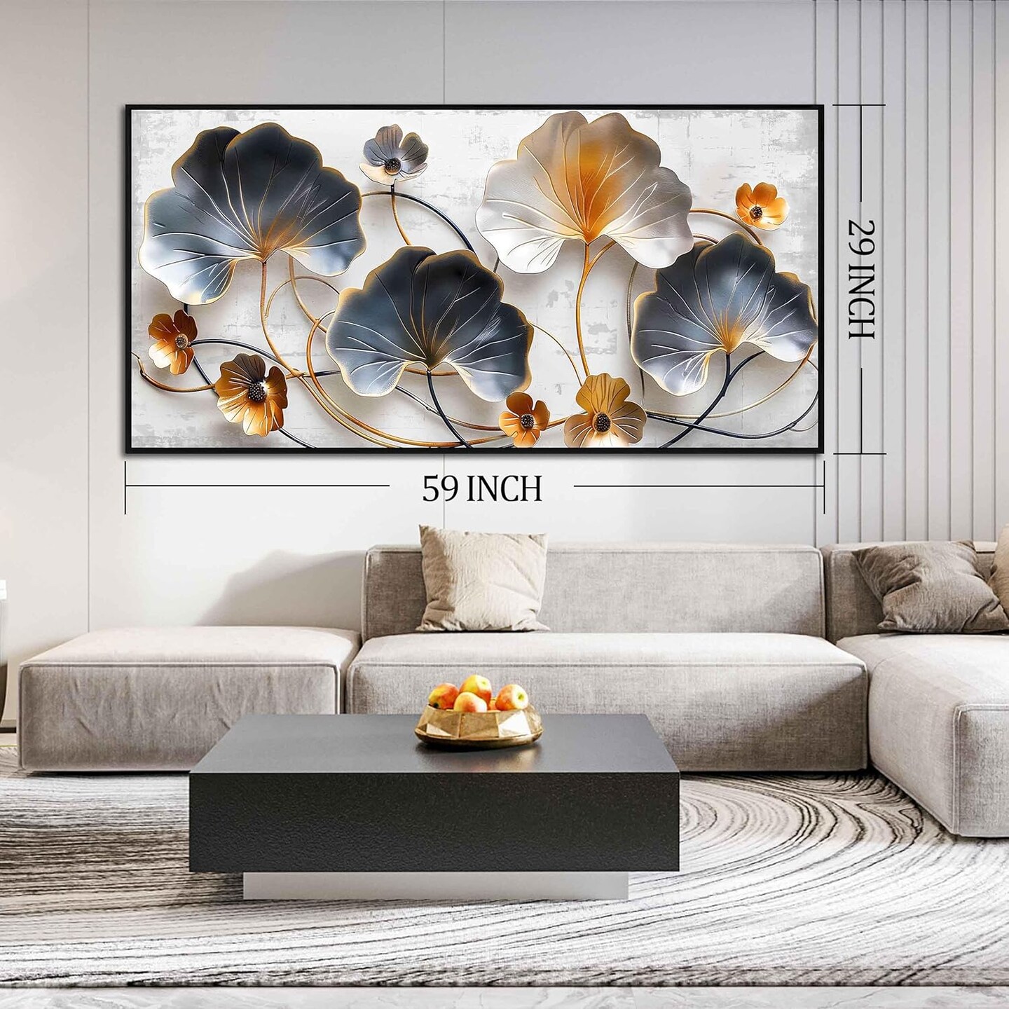 Lotus Leaf Wall Art for Living Room, Blue and White Leaves Canvas Wall(Large Size 59 x 29 Inches Framed)