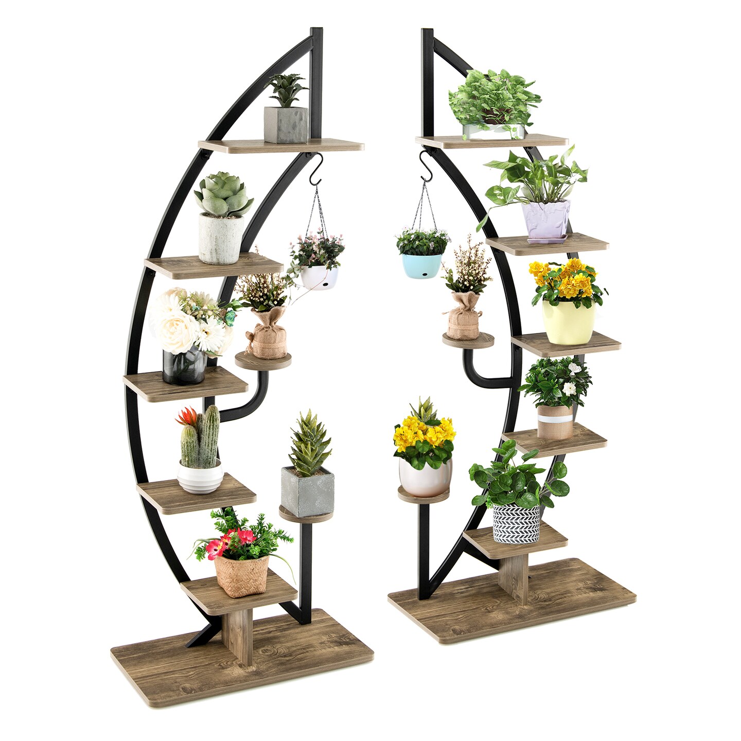 Costway 2PC 6 Tier Metal Plant Stand Rack Half Moon Shape Ladder Planter Organizer w/Hook