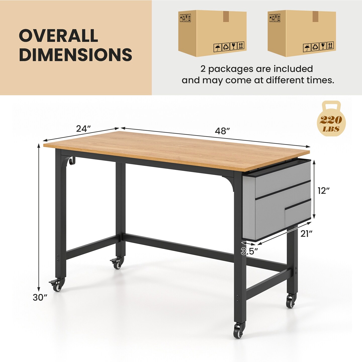 Costway 1/2/4 PCS Rolling Computer Desk Metal Frame PC Laptop Table Wood Top Study Workstation