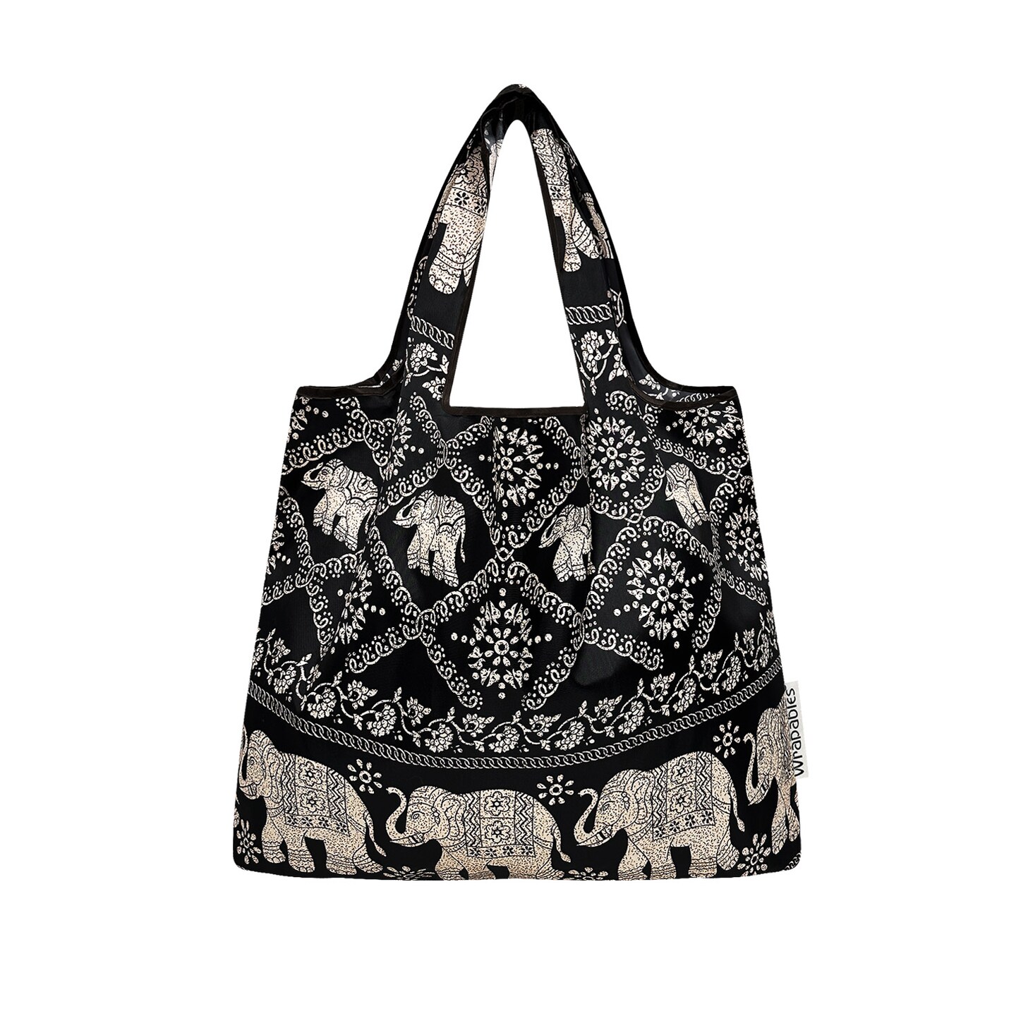 Wrapables Medium Foldable Tote Nylon Reusable Grocery Bag (Set of 2), Black Regal Elephants