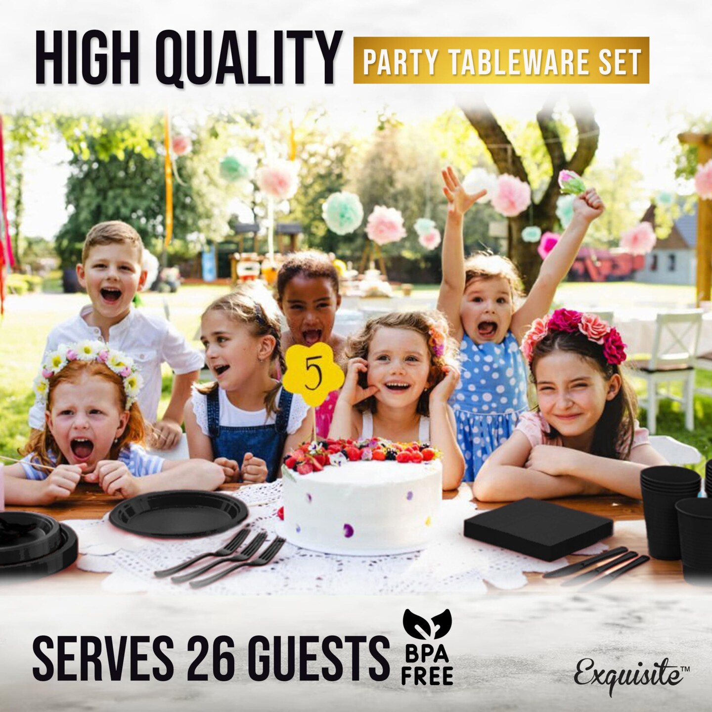 Exquisite 182 Pcs Plastic Plates for Party – Disposable Plates Set – 26 Each of 9" Dinner Plates, 7" Dessert Plates, Plastic Cups, Napkins & Plastic Cutlery – Plastic Dinnerware by Party Solids