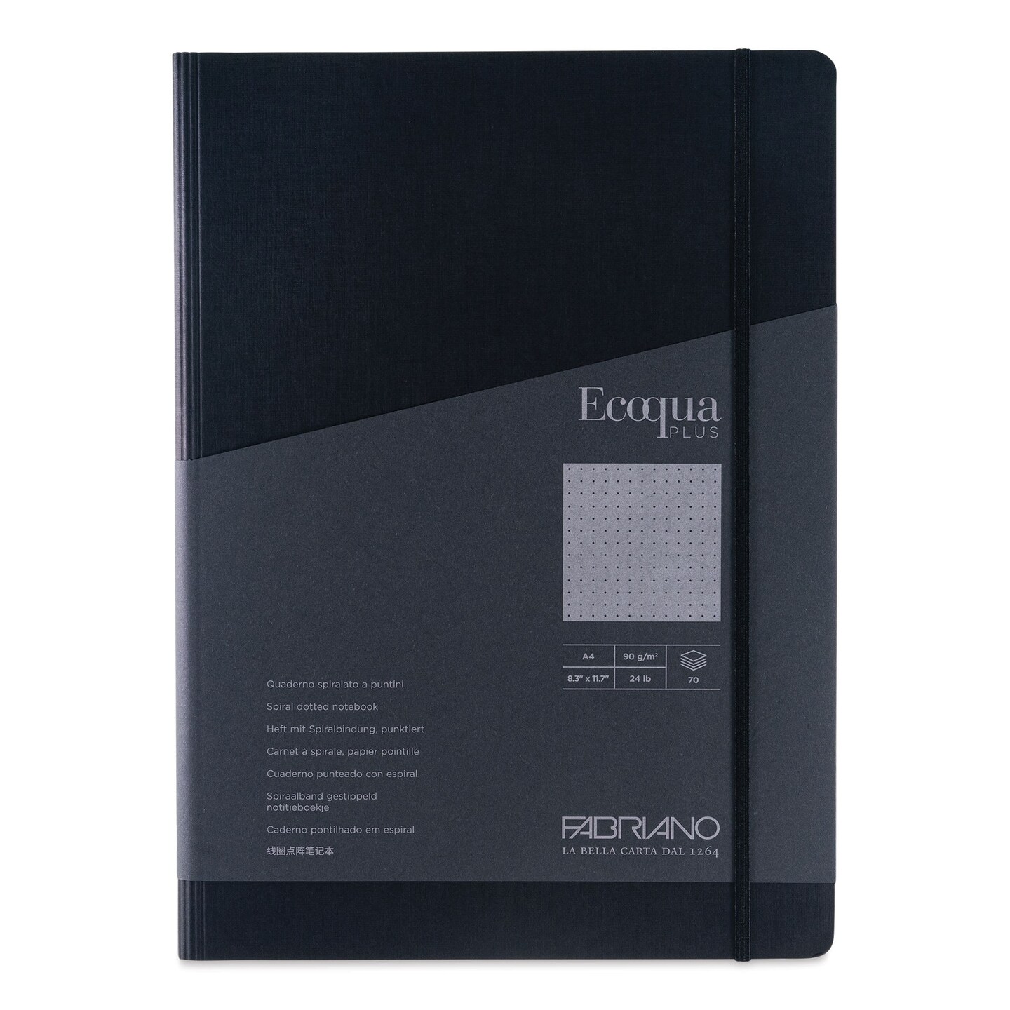 Fabriano Ecoqua Plus Hidden Spiral-Bound Notebook - Black, 11-7/10" x 8-1/4", Dot Grid