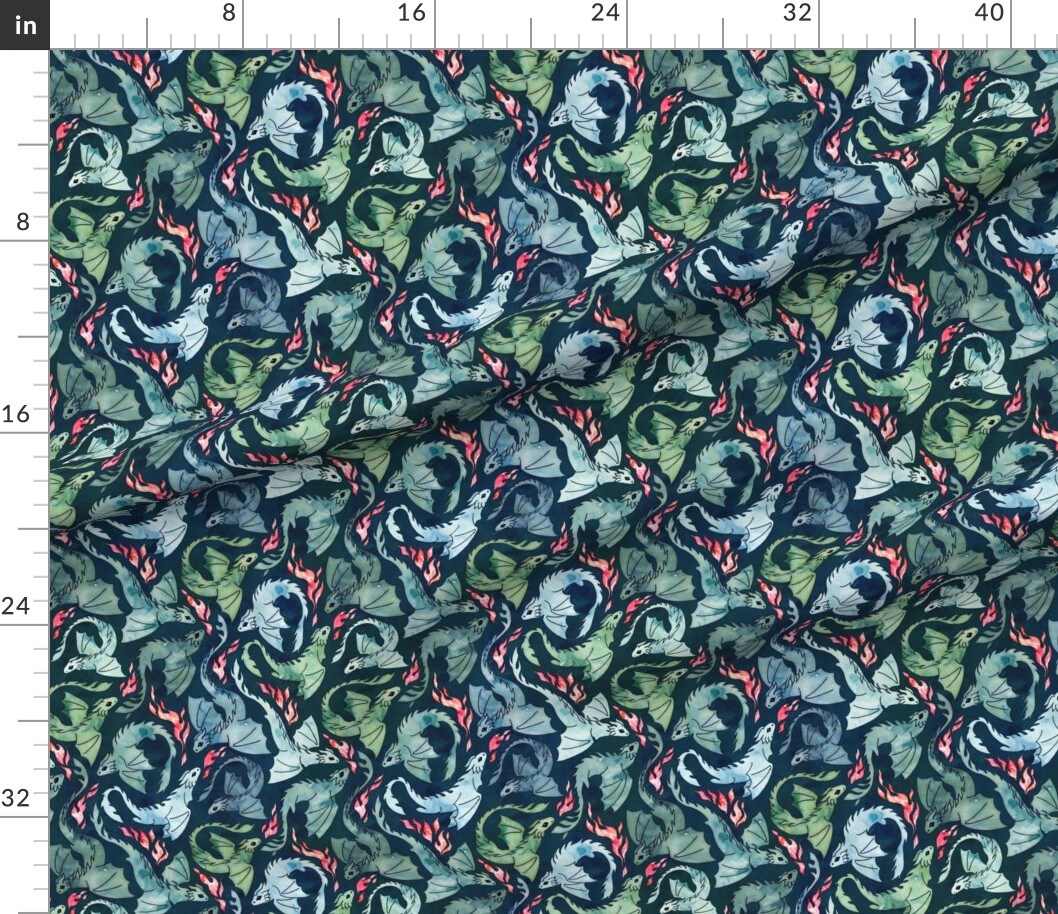Various Fabrics by the Yard or Fat Quarter Dragon Fire Dark Blue Green Small Navy Fantasy Scarlet Flying Custom Printed Fabric by Spoonflower
