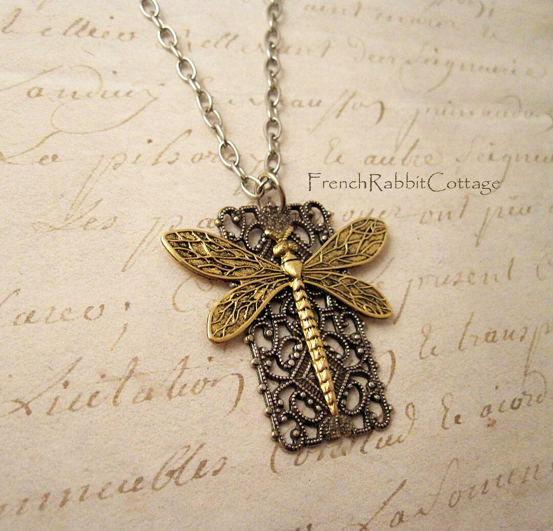 Dragonfly Filigree Necklace Pendant.  Victorian Style Statement Jewelry. Insect Bug Nature Jewelry Gift for Women. Mixed Metal Assemblage product 4