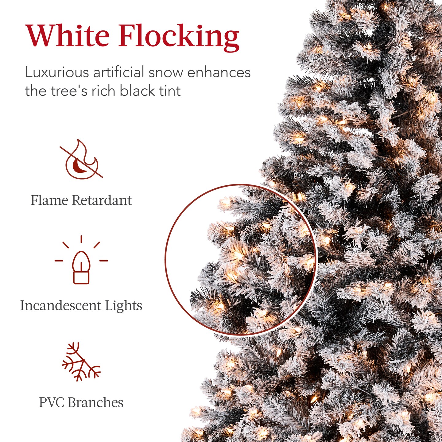 Best Choice Products Pre-Lit Black Christmas Pine Tree w/ Flocked Branches, Warm-White Lights