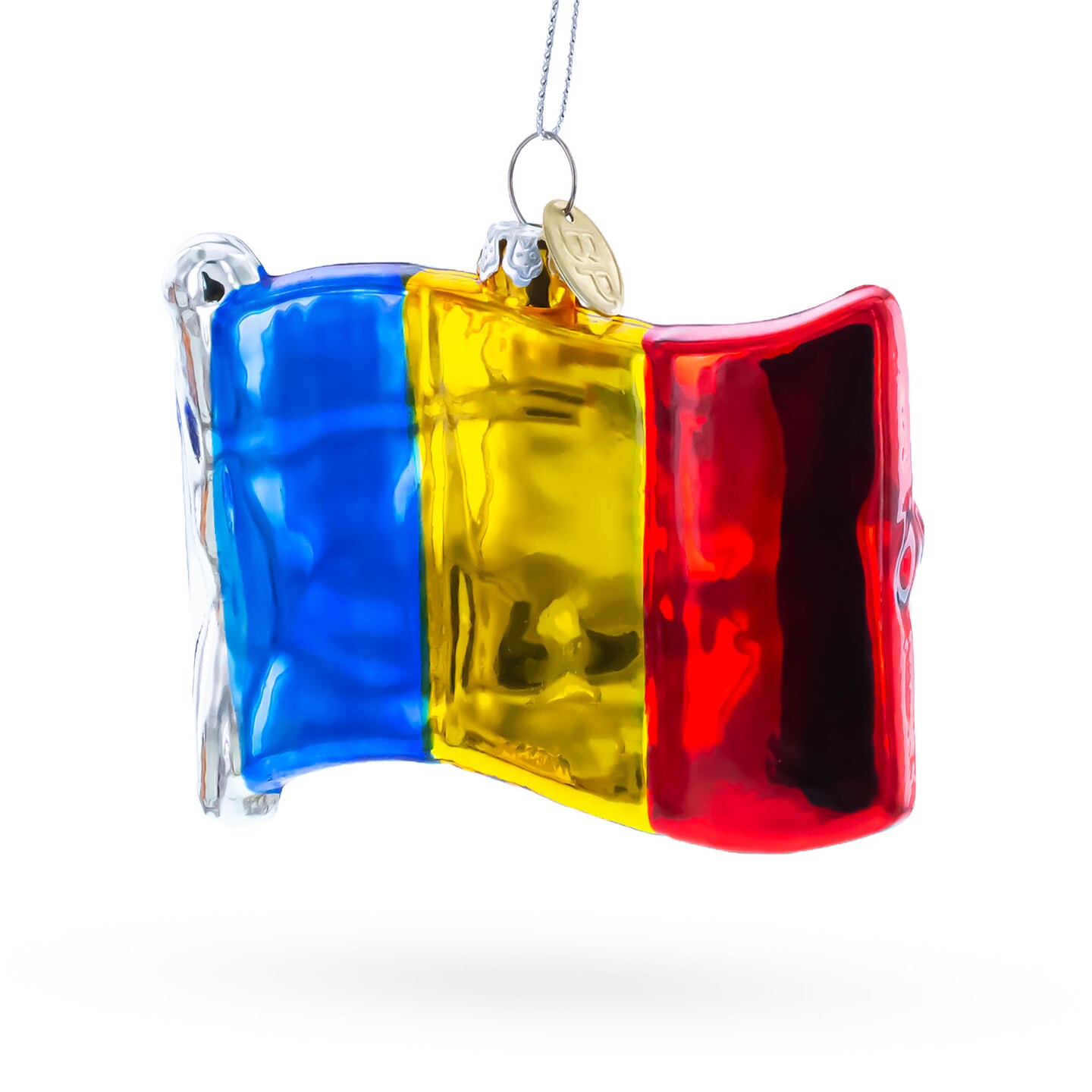 Waving Flag of Romania Blown Glass Christmas Ornament