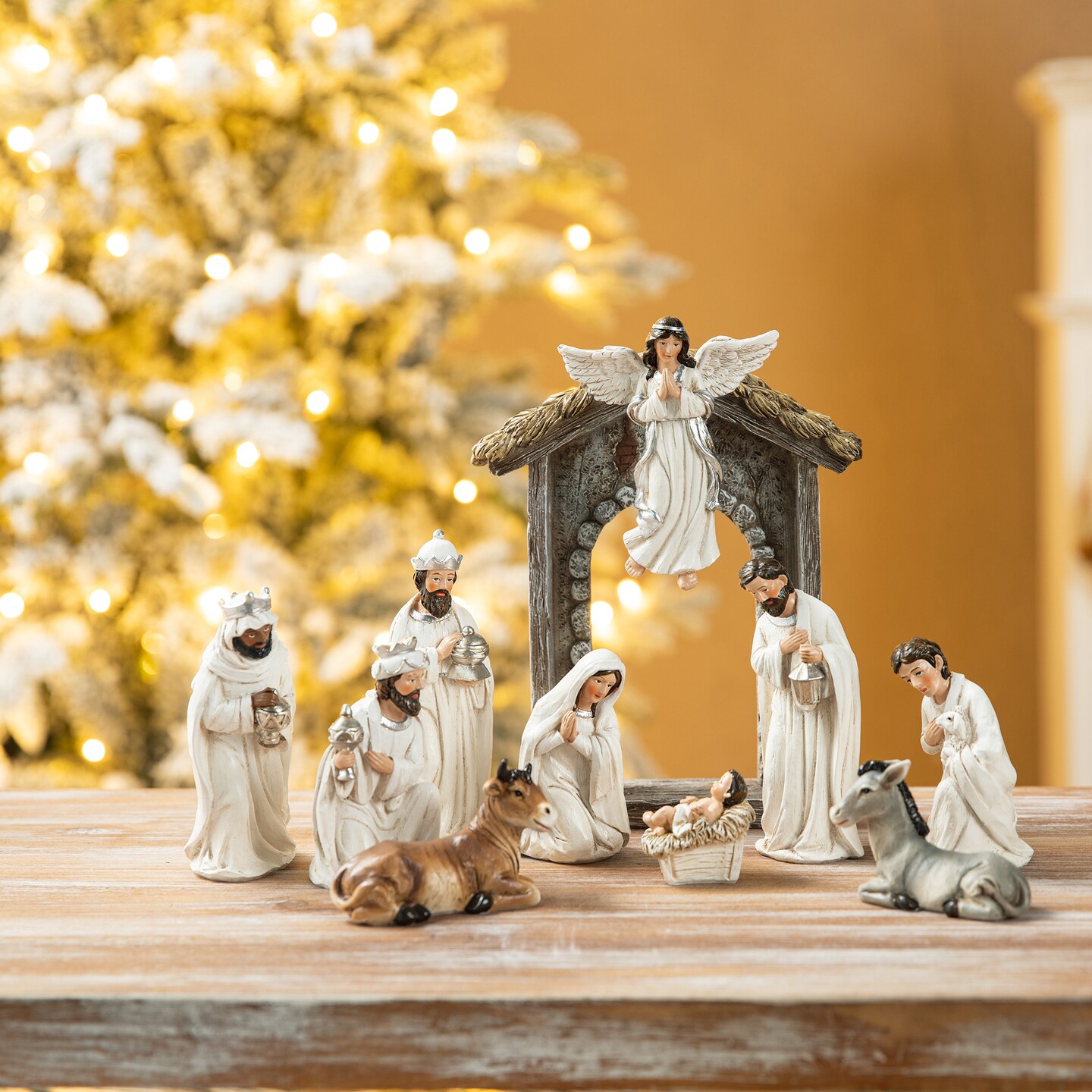 Set of 2 11pcs Ivory Resin Nativity Figurine Set