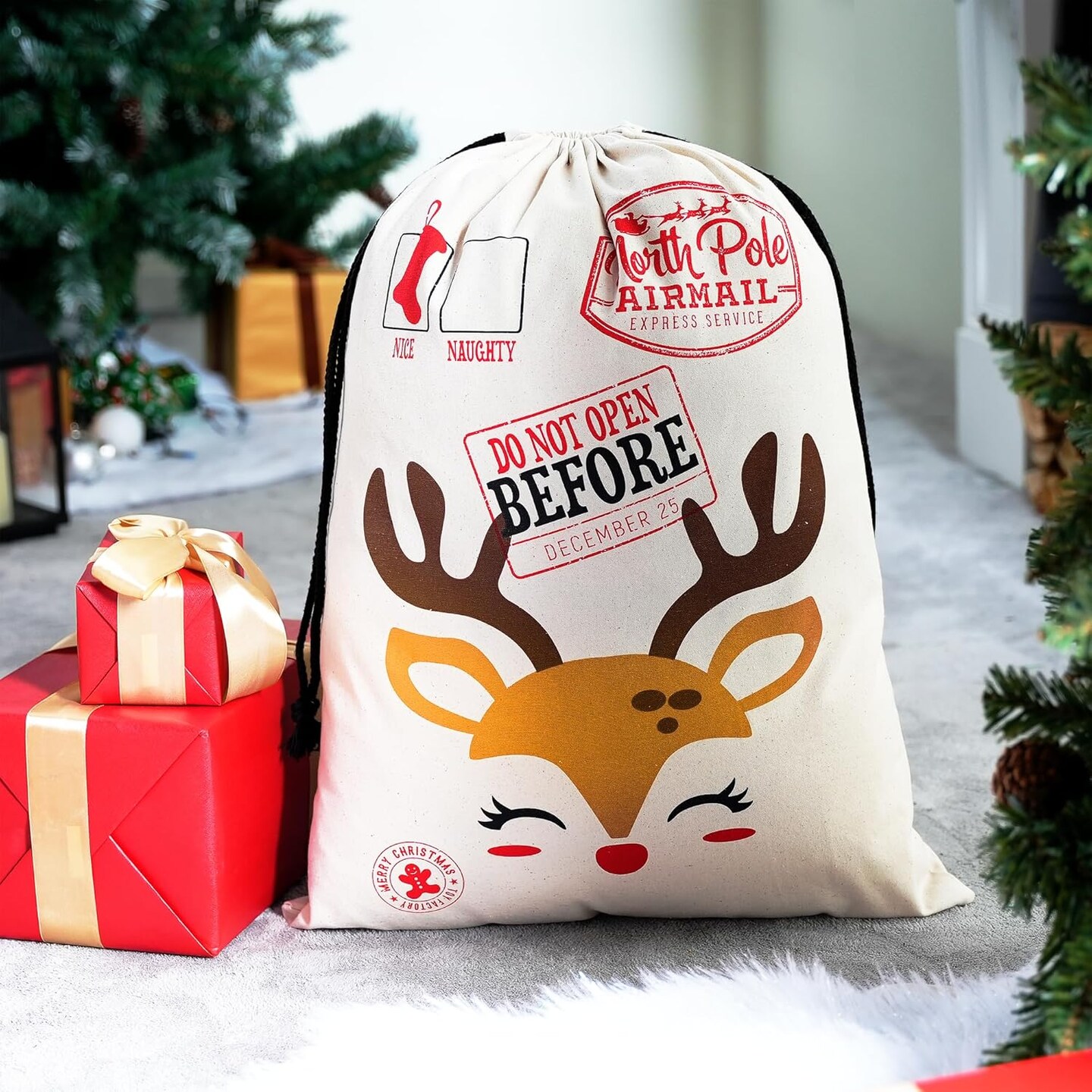 3 Packs present Bags, Santa Burlap Sack with Drawstring 26" x 19" for Large Xmas Package Storage, Event Party Supplies, Christmas Party Favors