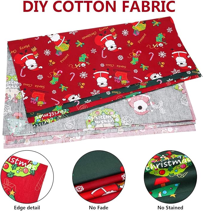 10 Pieces Christmas Cotton Fabric Bundles 18 x 22 Inch Quilting Fabric Sewing Squares Bundle Multicolor Fabric Patchwork Christmas Tree Fat Quarters Precut Santa Claus Fabric Scraps for Christmas DIY