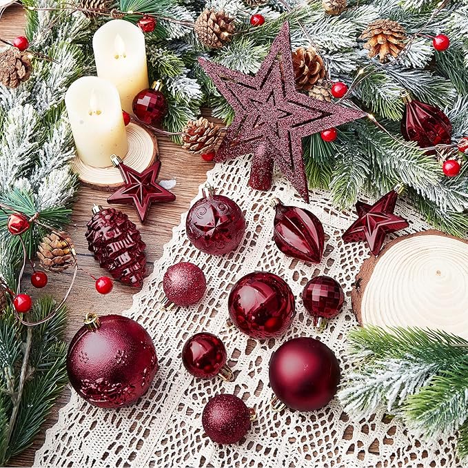 Shatterproof Christmas Tree Decorative Hanging Ornaments with Loop for Xmas Holiday Party Wreath Home Decoration (Burgundy)