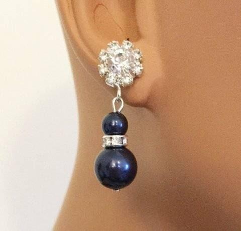 Navy Blue Pearl Necklace with Brooch and Earrings Set Strands