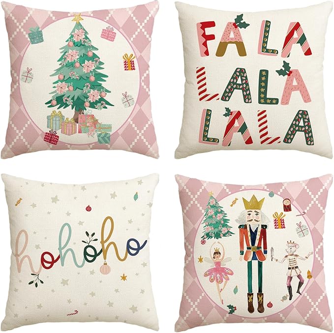 Merry Christmas Nutcracker Pink Throw Pillow Covers, 18 x 18 Inch Winter Holiday Party Cushion Case Decoration for Sofa Couch Set of 4