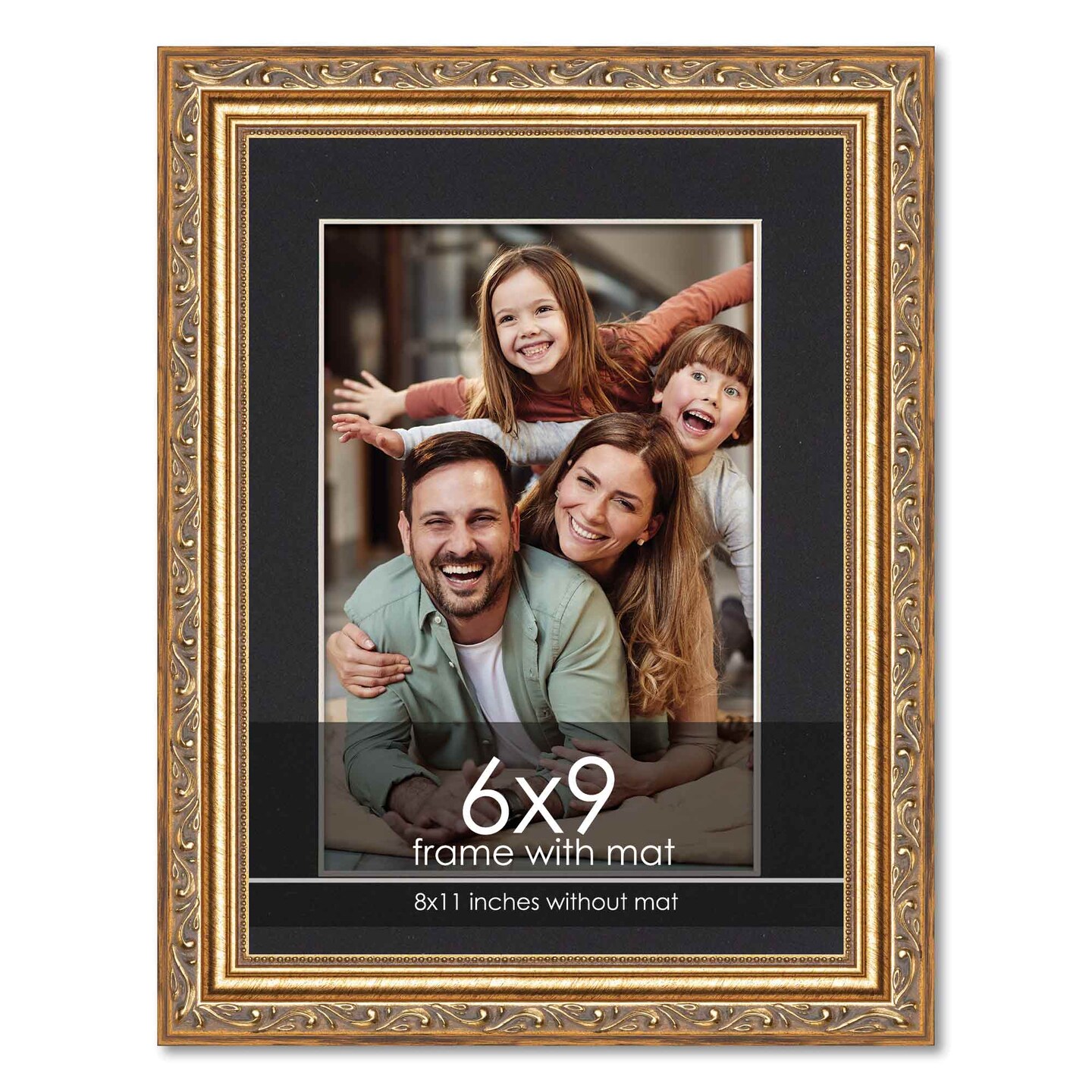 Antique Gold Frame with Black Photo Mat, UV Acrylic Front, Foam Board Backing, 60 Sizes Available