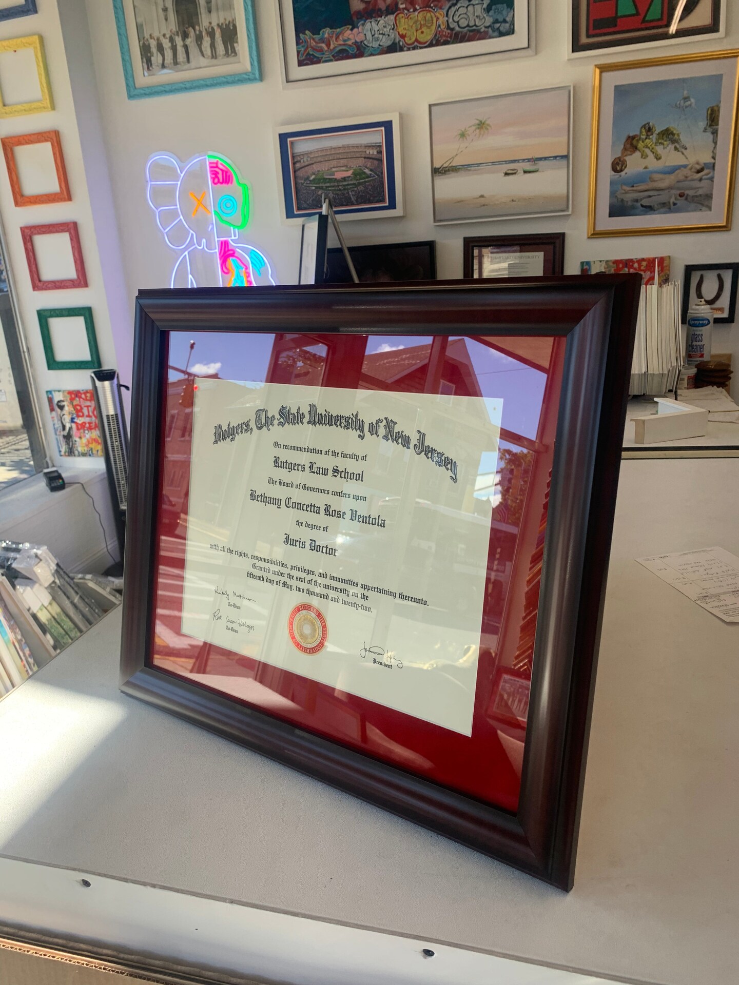 Rutgers diploma frame with red suede mat
