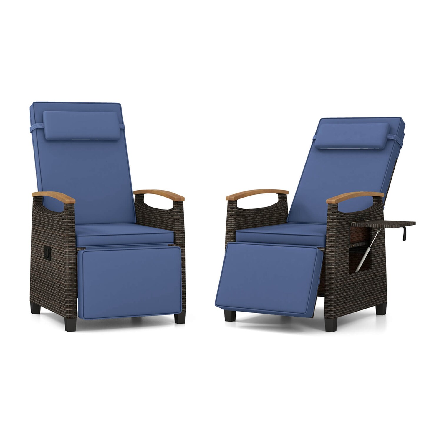 Costway 1/2 PCS Patio Wicker Recliner Chair with Adjustable Backrest Footrest Flip Side Table Navy