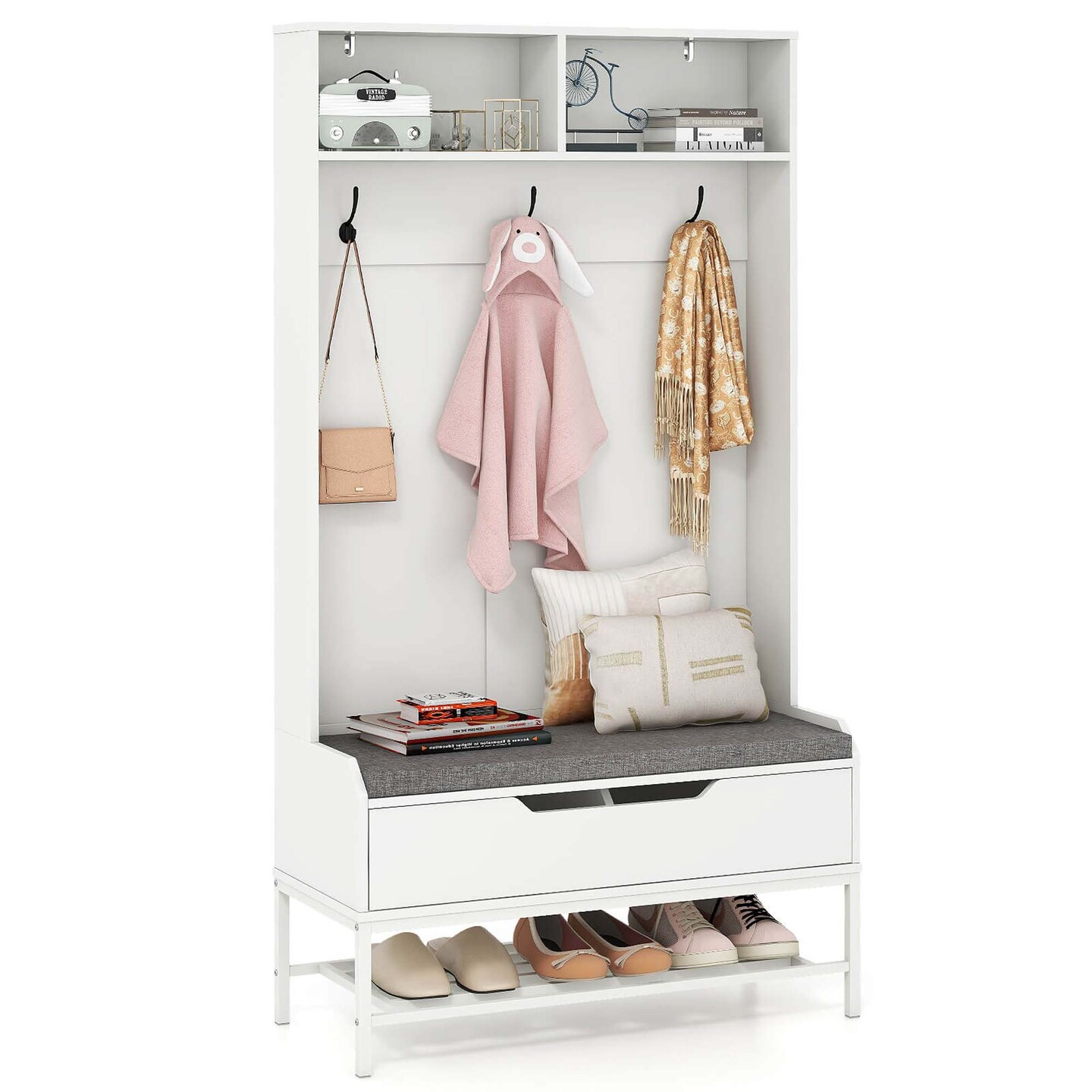 Costway 69" Tall Hall Tree with Seat Cushion Open Compartments Hooks Lift-top Storage White/Black/Rustic Brown