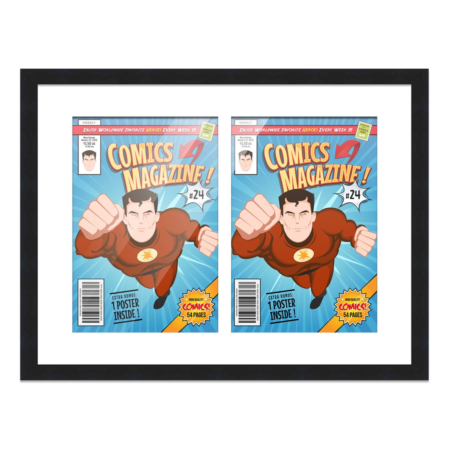 Comic Book Display Frame for Current Era Comic Published After 1985 - Black Wood Comic Frame With White Mat for 6.875x10.5 Comic, 18 Frame Sizes