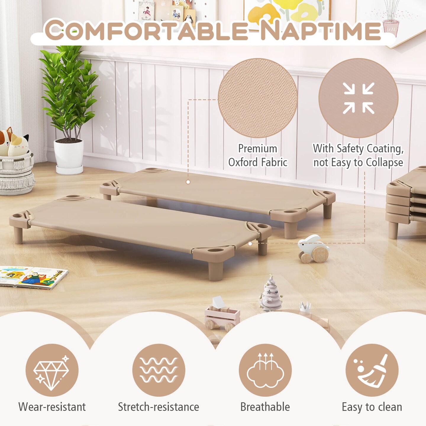 Costway Pack of 6 Kids Stackable Naptime Cot 52&#x22; L x 23&#x22; W Daycare Rest Mat Coffee/Pink/Blue
