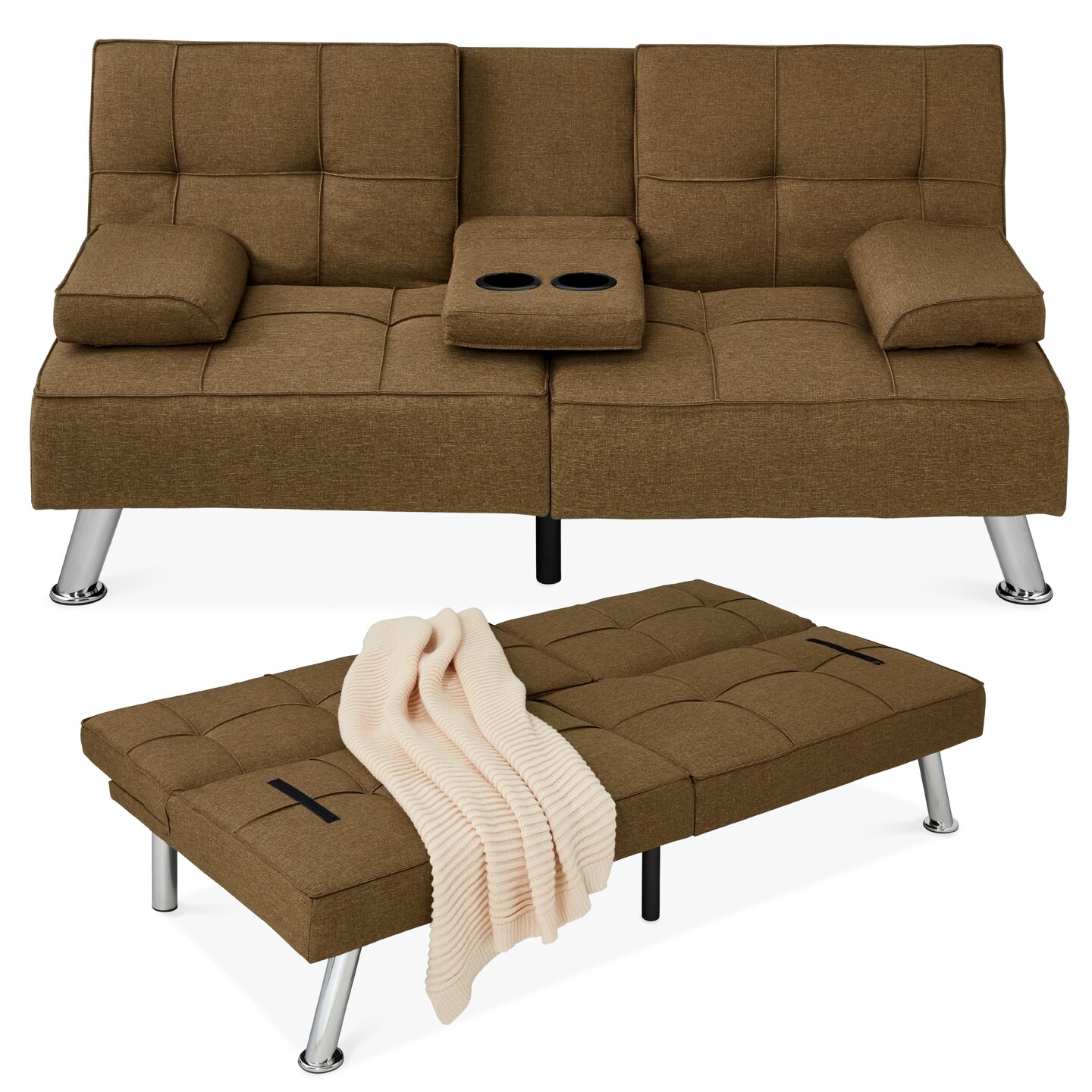 Best Choice Products Modern Linen Convertible Futon Sofa Bed w/ Removable Armrests, Metal Legs, Cupholders