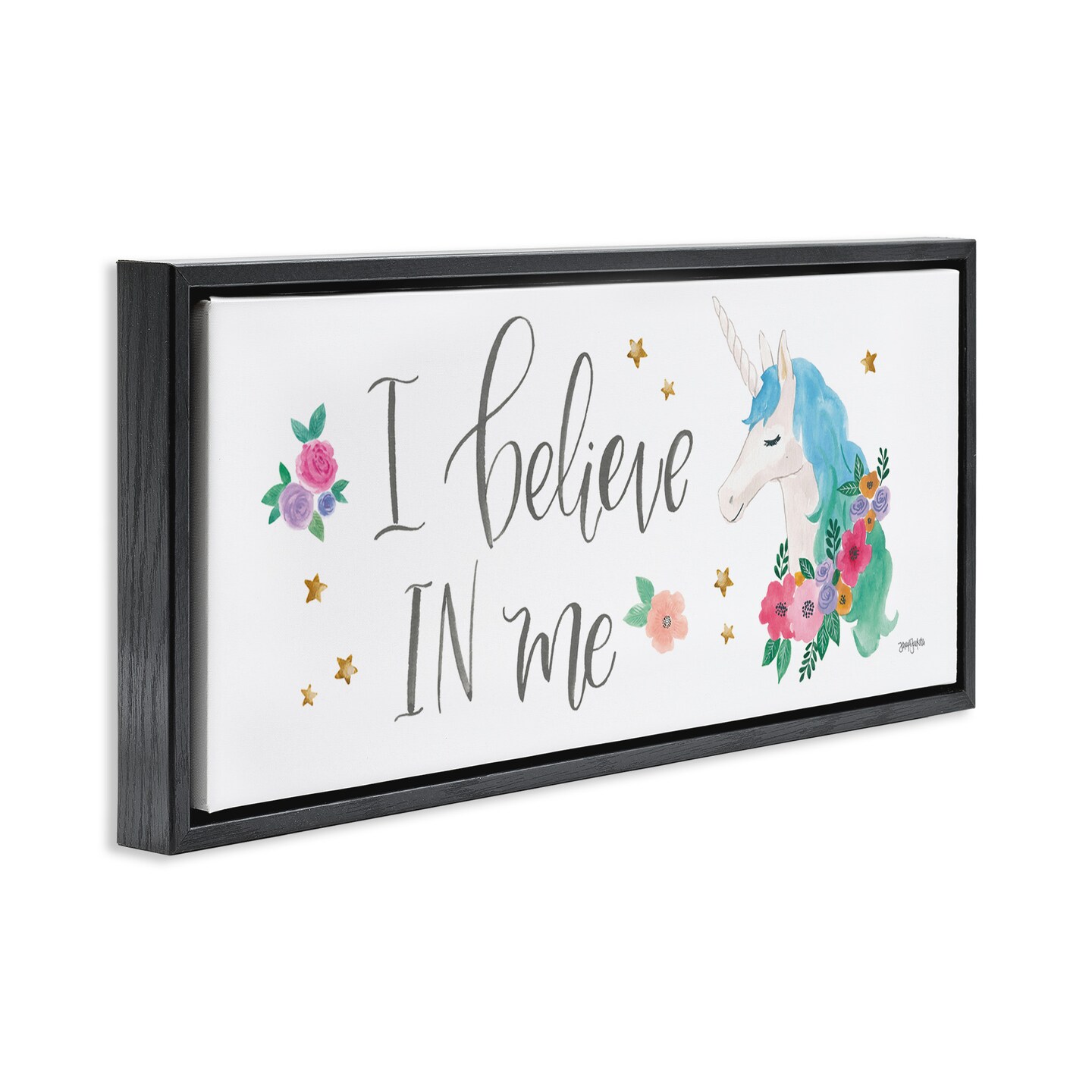Stupell Industries Believe In Me Blue Unicorn Framed Floater Canvas Wall Art