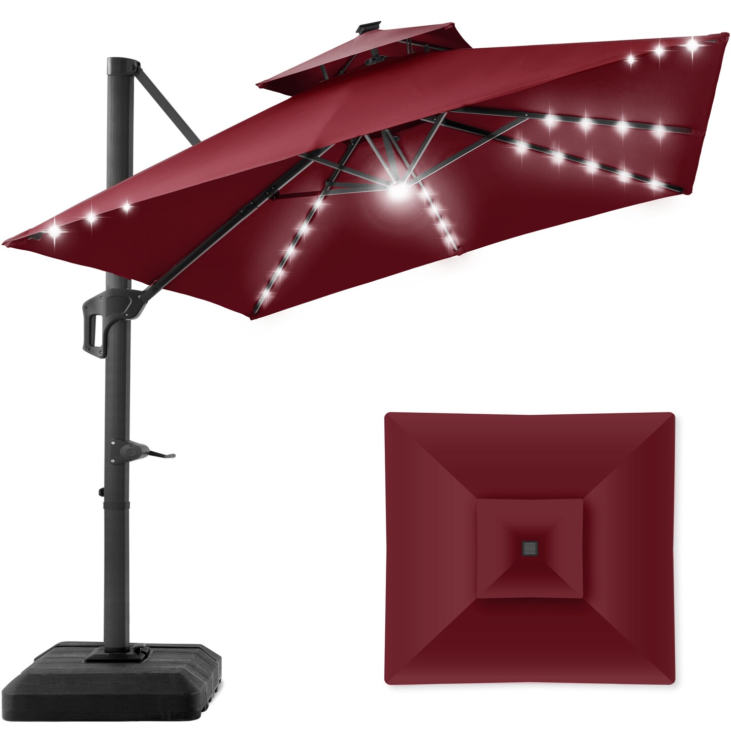 Best Choice Products 10x10ft 2-Tier Square Outdoor Solar LED Cantilever Patio Umbrella w/ Base Included