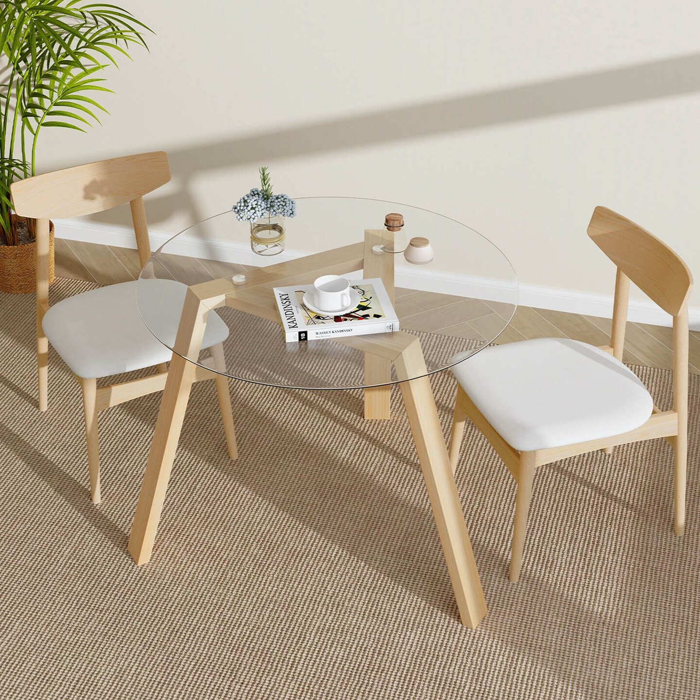 Costway 36&#x22; Round Glass Dining Table for 4 with Tempered Glass Tabletop Rubber Wood Frame Natural/Black
