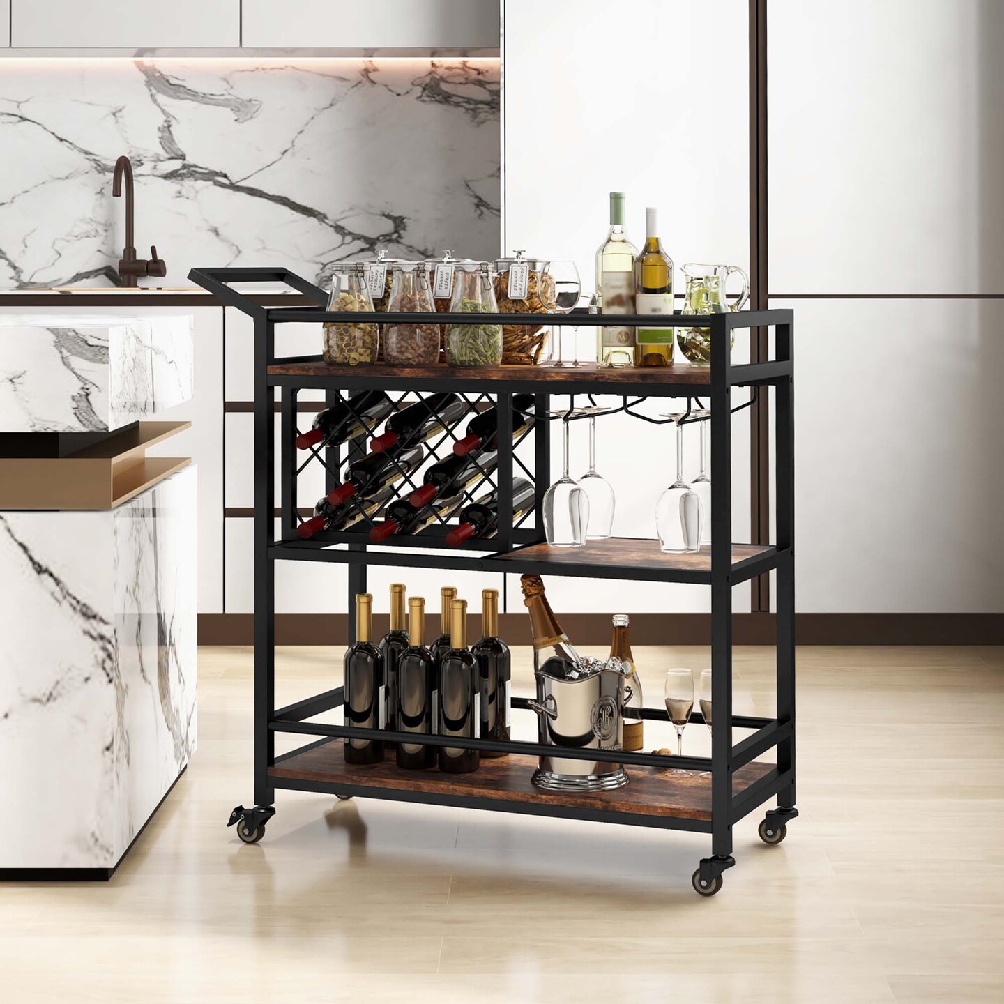 Costway 3-tier Bar Cart on Wheels Home Kitchen Serving Cart with Wine Rack &#x26; Glass Holder Rustic Brown/Brown