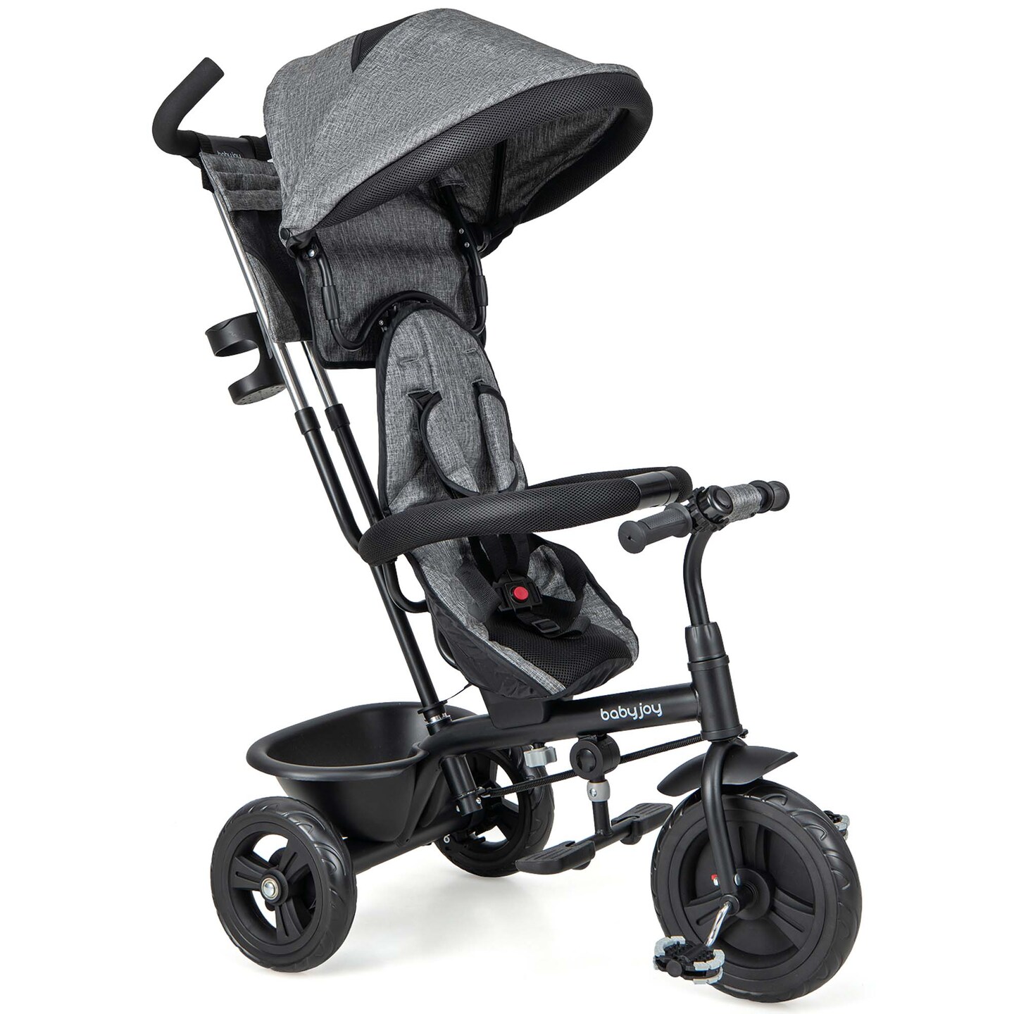 Babyjoy 4-in-1 Multifunctional Tricycle Kids Trike with Removable Canopy &#x26; Push Handle Black/Gray/Pink